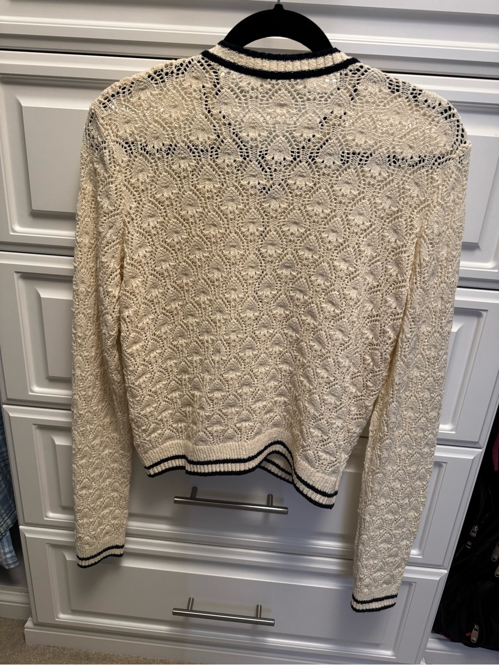 Frame Denim Cream Knit Cardigan with Navy Trim and Gold Buttons - Picture 6 of 8